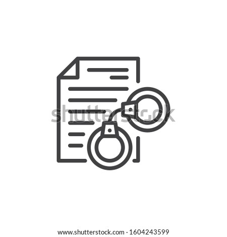 Arrest warrant document line icon. linear style sign for mobile concept and web design. Legal document with handcuffs outline vector icon. Symbol, logo illustration. Vector graphics Royalty-Free Stock Photo #1604243599