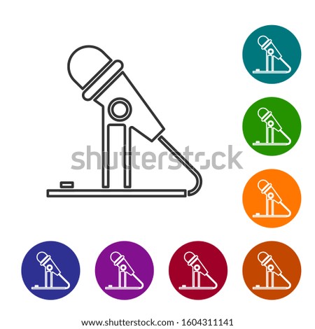 Grey line Microphone icon isolated on white background. On air radio mic microphone. Speaker sign. Set icons in color circle buttons. Vector Illustration