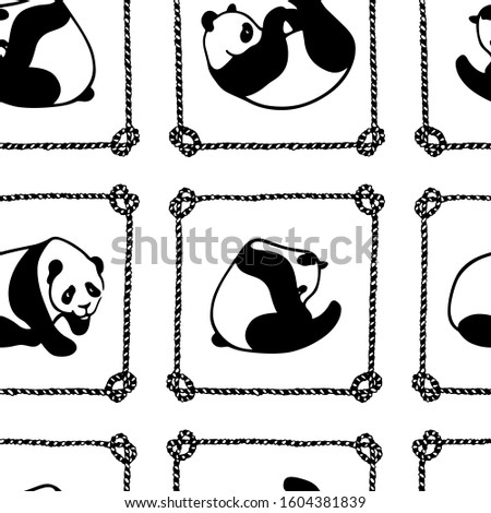 Vector seamless pattern with hand drawn cute playful pandas in nautical rope frames. Ink drawing, beautiful animal design elements. Perfect for prints and patterns
