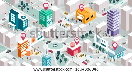 Isometric city map with people, buildings and pin pointers: promote your local business and GPS navigation concept Royalty-Free Stock Photo #1604386048