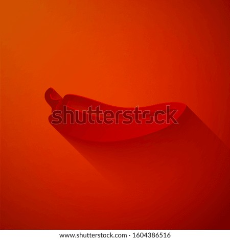 Paper cut Hot chili pepper pod icon isolated on red background. Design for grocery, culinary products, seasoning and spice package, cooking book. Paper art style. 