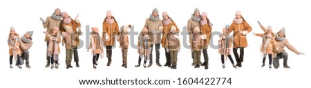 Set of family in winter clothes on white background