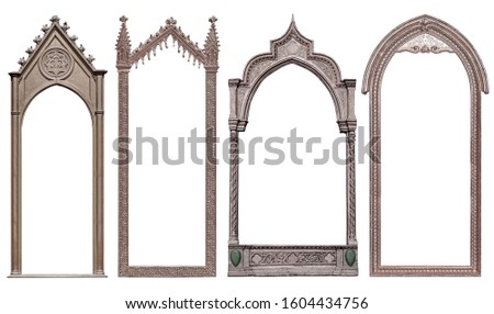 Set of panoramic silver gothic frame for paintings, mirrors or photos isolated on white background