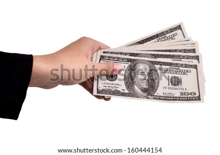 hands of businesswoman carrying a lot of money dollars, isolated on white background