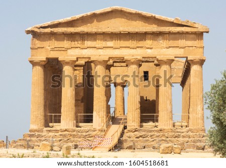 The Temple of Concordia is an ancient Greek temple in the Valle dei Templi in Agrigento on the south coast of Sicily, Italy.