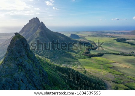 Aerial view of mountains and fields in Mauritius island
