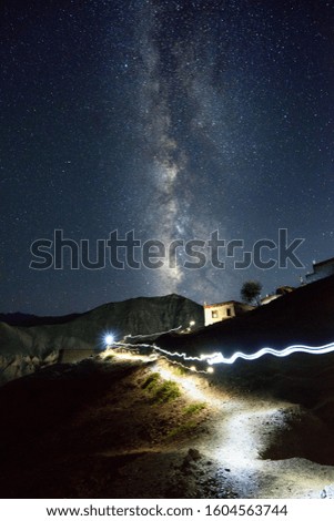 Ladakh,Sham Valley Milky Way at mountain with beautiful light trail 