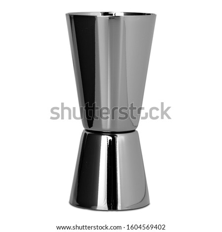 Stainless steel shot measuring jigger on white background. Royalty-Free Stock Photo #1604569402