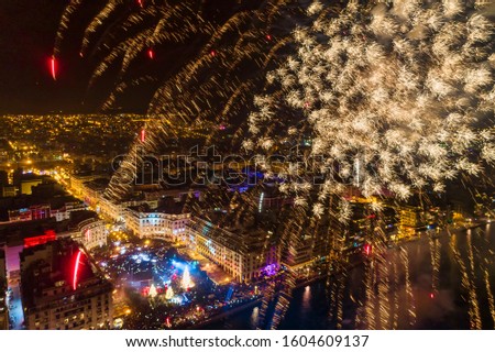 Aerial view of Aristotelous square in Thessaloniki in northern Greece during New Year 2020 celebrations with fantastic multi-colored fireworks