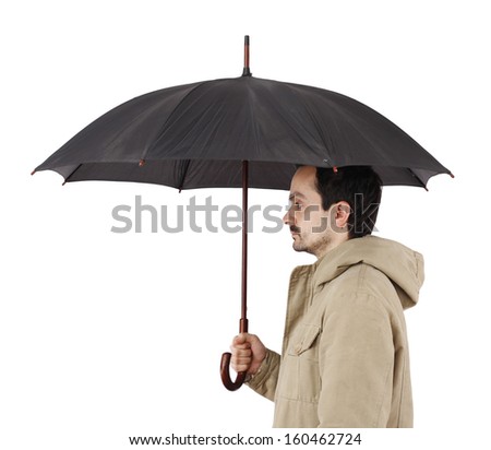 Man with big umbrella, on white