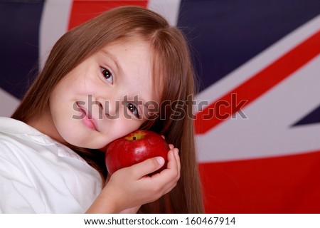 English female student with the British flag at the background