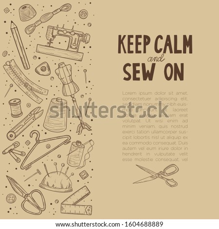Tailor or dressmaker work and fashion designer atelier sketch items. Vector sewing illustration in retro vintage style 