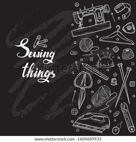 Tailor or dressmaker work and fashion designer atelier sketch items. Vector sewing illustration in retro vintage style on blackboard. 