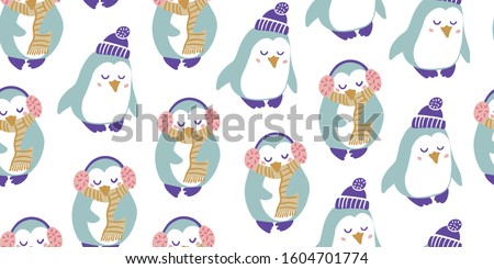 Seamless pattern with cute penguins with headphones, scarf, hat in minimalistic hand drawn style on white. Penguin character doodle. Winter kids seamless pattern