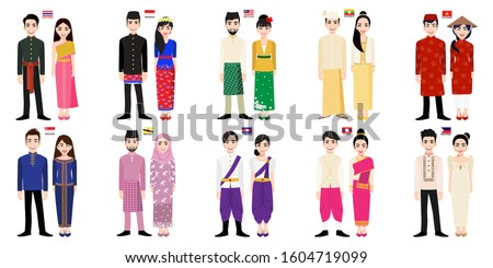 Set of 20 Asian men and women cartoon characters in traditional costume with flag, Brunei, Cambodia, Indonesia, Laos, Malaysia, Myanmar, Philippines, Singapore, Thailand and Vietnam people vector  Royalty-Free Stock Photo #1604719099