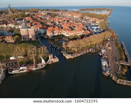 Drone photo of the old historic harbor of enkhuizen and the city center