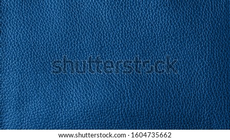 The leather swatch is tinted in the trend pantone color 2020-classic blue. Abstract background in fashionable color. With copy space, top view