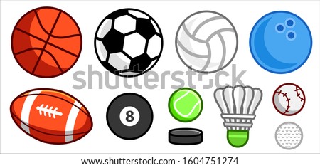 set of simple colourful cute cartoon balls and other sport objects isolated on a white background, vector illustration