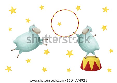 Cute funny sheep make tricks, train each other. Positive circus clip art, illustrations on white background. Can be used for t- shirt prints, kids nursery wear design, baby shower invitation card