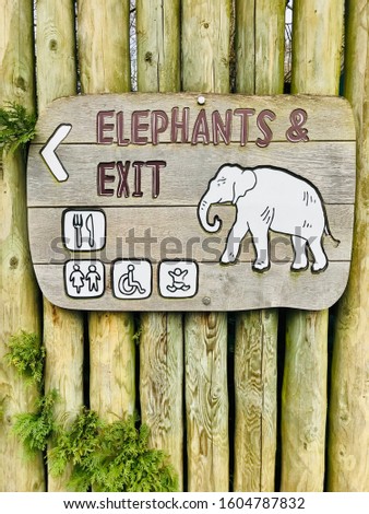 Chester zoo, elephants and exit wooden sign
