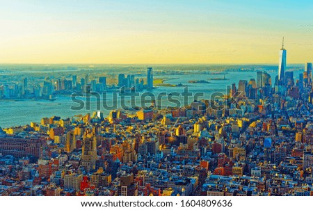 Aerial panoramic view to Downtown Manhattan and Lower Manhattan New York, USA. Skyline with skyscrapers. New Jersey City. American architecture building. Panorama of Metropolis NYC. Mixed media.