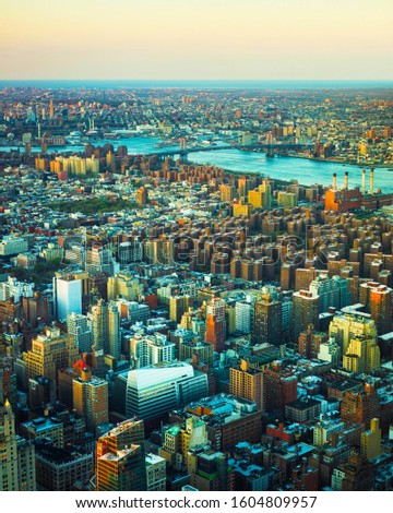 Aerial panoramic view on East Village in Downtown, New York city, NYC, USA, Williamsburg Bridge, Brooklyn. East River. Manhattan skyline. American building. Panorama of Metropolis. Mixed media.