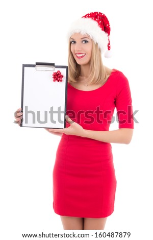 portrait of young beautiful woman in santa hat with gift list isolated on white background