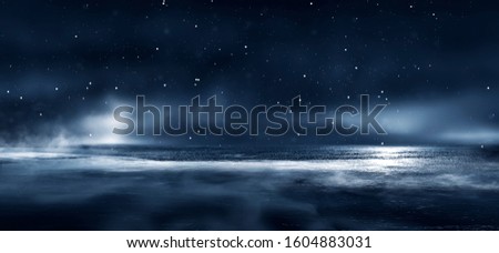 Futuristic night landscape with abstract forest landscape. Dark natural forest scene with reflection of moonlight in the water, neon blue light. 