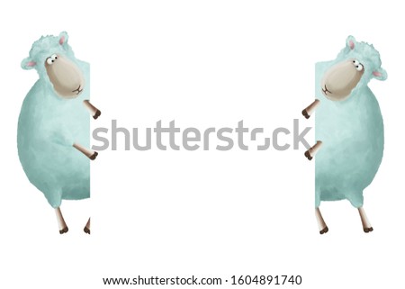 Two sheeps holding a frame. Universal card template. Empty blank, frame- border on white background