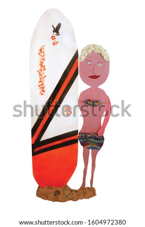 Unique wooden folk art cartoon cutout of a surfer girl in a bikini on the beach holding a surfboard on a white background. Royalty-Free Stock Photo #1604972380