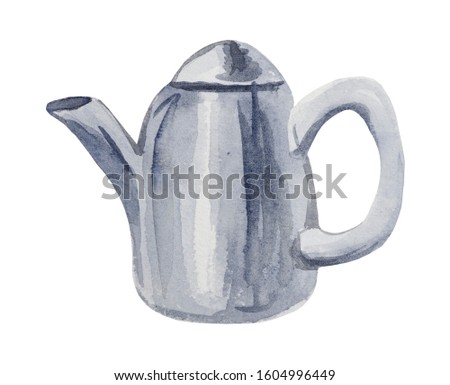 Watercolor ceramic teapot on a white background, for compositions on the theme of cooking, food, desserts, tea ceremonies.
