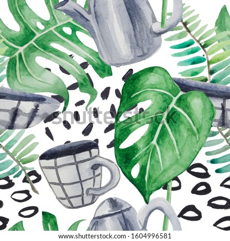 Watercolor seamless pattern with plants and tea set. Elements are drawn by hand. The composition is ideal for things related to cooking, restaurants, cafes and grocery supermarkets