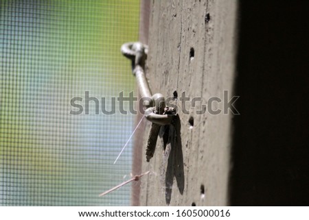 hook on porch window screen with cobwebs and shadow