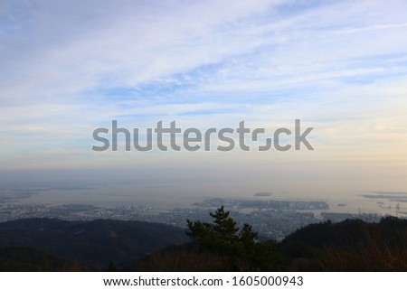 Top view of city and port from mountain, panorama cityscape view.
