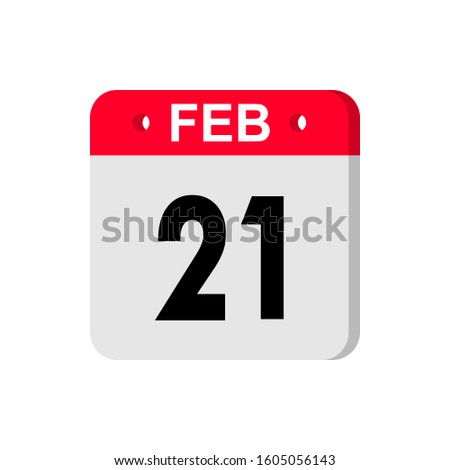 february 21 - Red calendar Icon. Calendar Icon with shadow. Flat style. Date, day and month. Reminder. Vector illustration. Organizer application, app symbol. Ui. User interface sign.