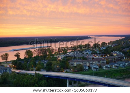 Sun set over Mississippi river to connect  Tennessee and Arkansas at Memphis 