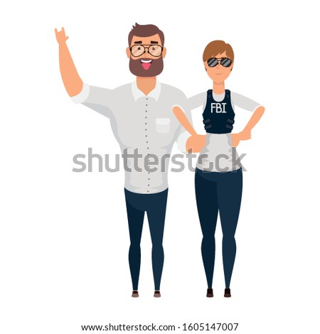 young man bearded with fbi female agent vector illustration design