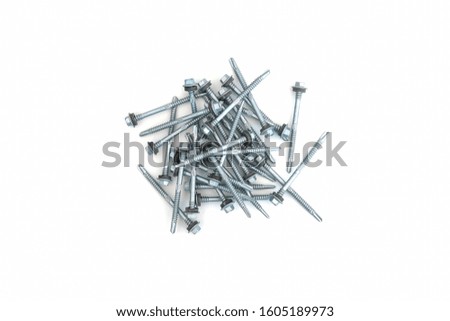 Drilling screws for roofing with sealing washer on white background.                               
