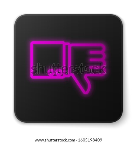 Glowing neon line Dislike icon isolated on white background. Black square button. Vector Illustration