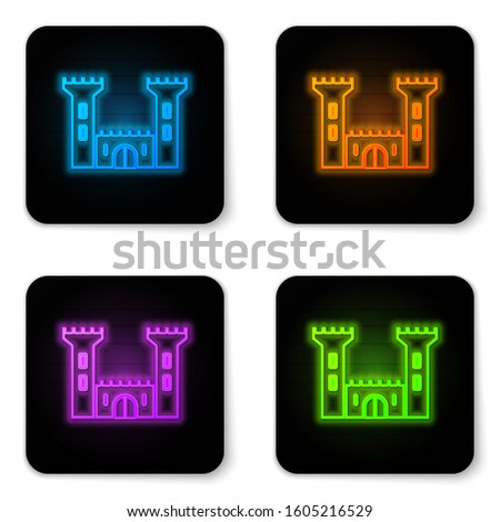 Glowing neon Castle icon isolated on white background. Fortress sign. Black square button. Vector Illustration