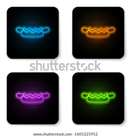 Glowing neon Hotdog sandwich with mustard icon isolated on white background. Sausage icon. Street fast food menu. Black square button. Vector Illustration