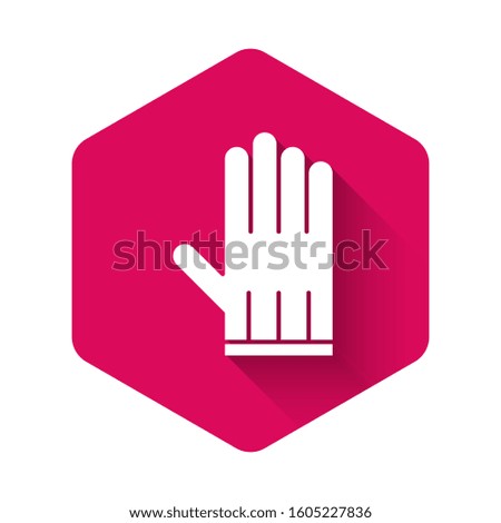 White Leather glove icon isolated with long shadow. Pink hexagon button. Vector Illustration