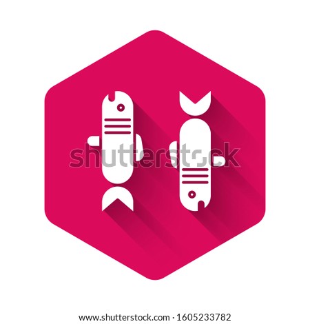 White Pisces zodiac sign icon isolated with long shadow. Astrological horoscope collection. Pink hexagon button. Vector Illustration