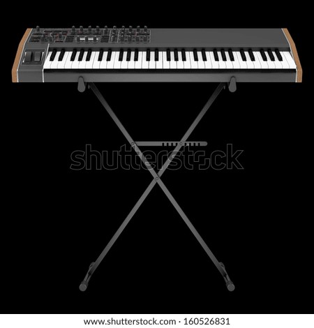 black synthesizer on stand isolated on black background