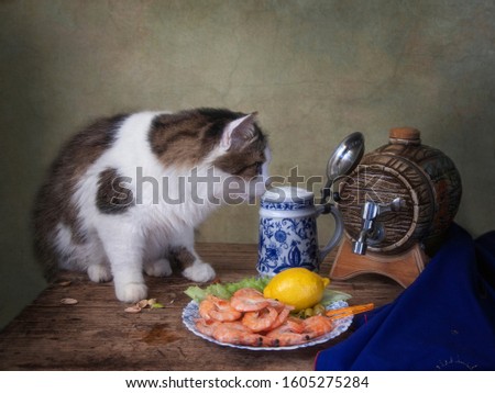 Still life with shrimp and curious spotted cat