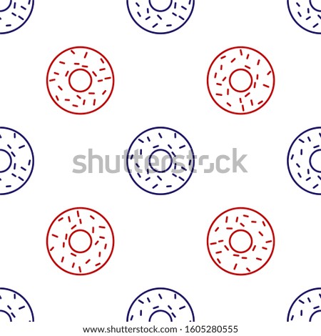 Blue and red Donut with sweet glaze icon isolated seamless pattern on white background.  