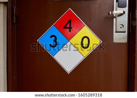 Diamond shaped NFPA panel identifying hazardous chemicals inside. This sign informs firefighters there is zero reactivity hazard, fire flash point below 73-deg and health hazard is extremely dangerous