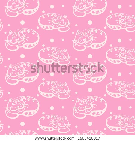 Seamless cute cat pattern in cartoon style. Template for print design. Wallpaper texture. Seamless background pattern.  Color in the image: pink, white