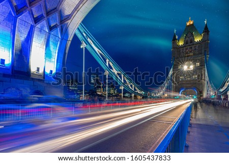 Tower Bridge in London with a beautiful starry sky a view under the arches