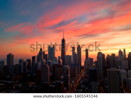 Chicago skyline panorama from a drone at sunrise